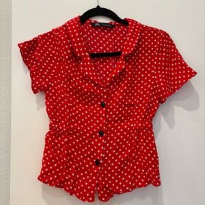Zara Red Heart Pattern Button Down 1950s pin up girl button down Shirt XS